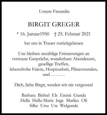 Anzeige von Birgit Greger von Kölner Stadt-Anzeiger / Kölnische Rundschau / Express