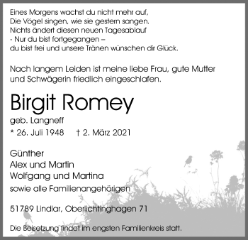 Anzeige von Birgit Romey von Kölner Stadt-Anzeiger / Kölnische Rundschau / Express