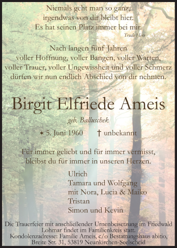 Anzeige von Birgit Elfriede Ameis von Kölner Stadt-Anzeiger / Kölnische Rundschau / Express