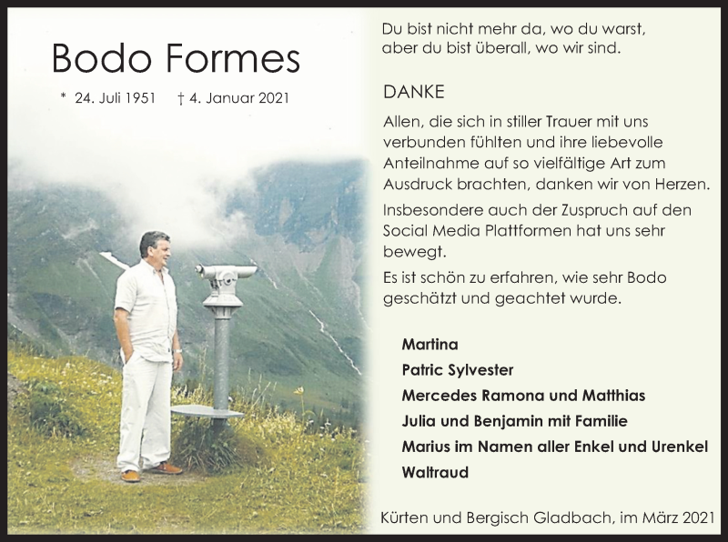  Traueranzeige für Bodo Formes vom 20.03.2021 aus Kölner Stadt-Anzeiger / Kölnische Rundschau / Express