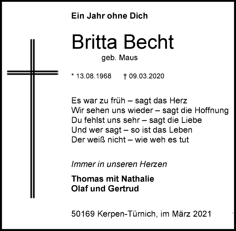  Traueranzeige für Britta Becht vom 05.03.2021 aus  Wochenende  Werbepost 