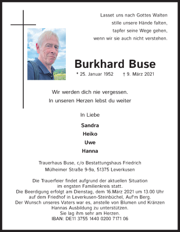 Anzeige von Burkhard Buse von Kölner Stadt-Anzeiger / Kölnische Rundschau / Express