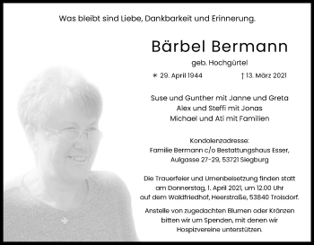 Anzeige von Bärbel Bermann von Kölner Stadt-Anzeiger / Kölnische Rundschau / Express