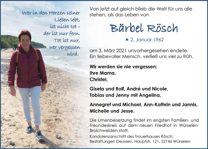  Traueranzeige für Bärbel Rösch vom 12.03.2021 aus  Anzeigen Echo 
