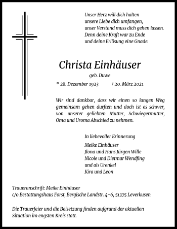 Anzeige von Christa Einhäuser von Kölner Stadt-Anzeiger / Kölnische Rundschau / Express