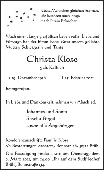 Anzeige von Christa Klose von  Schlossbote/Werbekurier 
