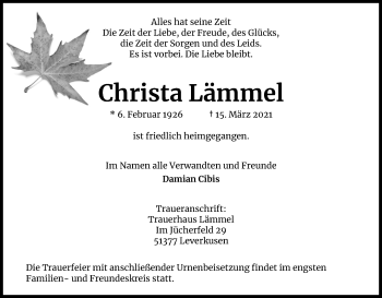 Anzeige von Christa Lämmel von Kölner Stadt-Anzeiger / Kölnische Rundschau / Express