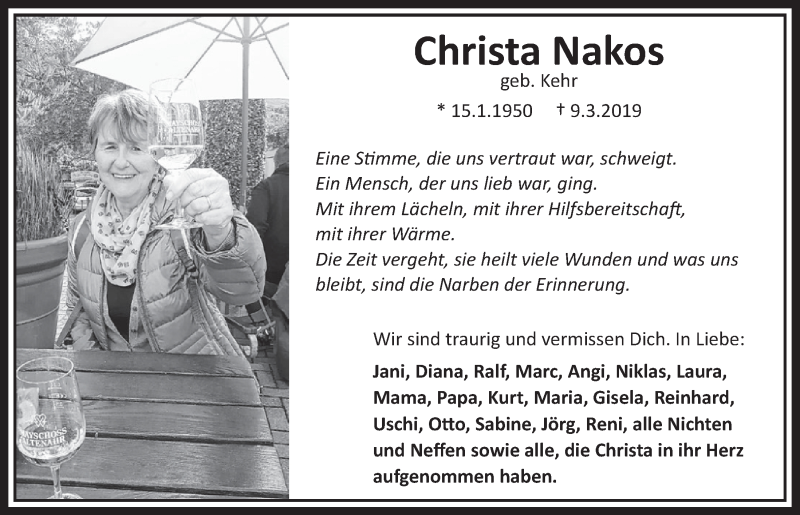  Traueranzeige für Christa Nakos vom 05.03.2021 aus  Schlossbote/Werbekurier 