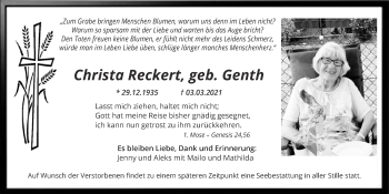 Anzeige von Christa Reckert von  Kölner Wochenspiegel 