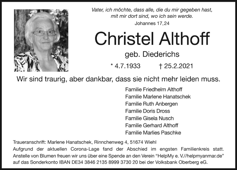  Traueranzeige für Christel Althoff vom 12.03.2021 aus  Anzeigen Echo 