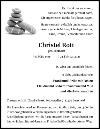 Anzeige von Christel Rott von Kölner Stadt-Anzeiger / Kölnische Rundschau / Express