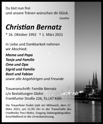 Anzeige von Christian Bernatz von  Kölner Wochenspiegel 