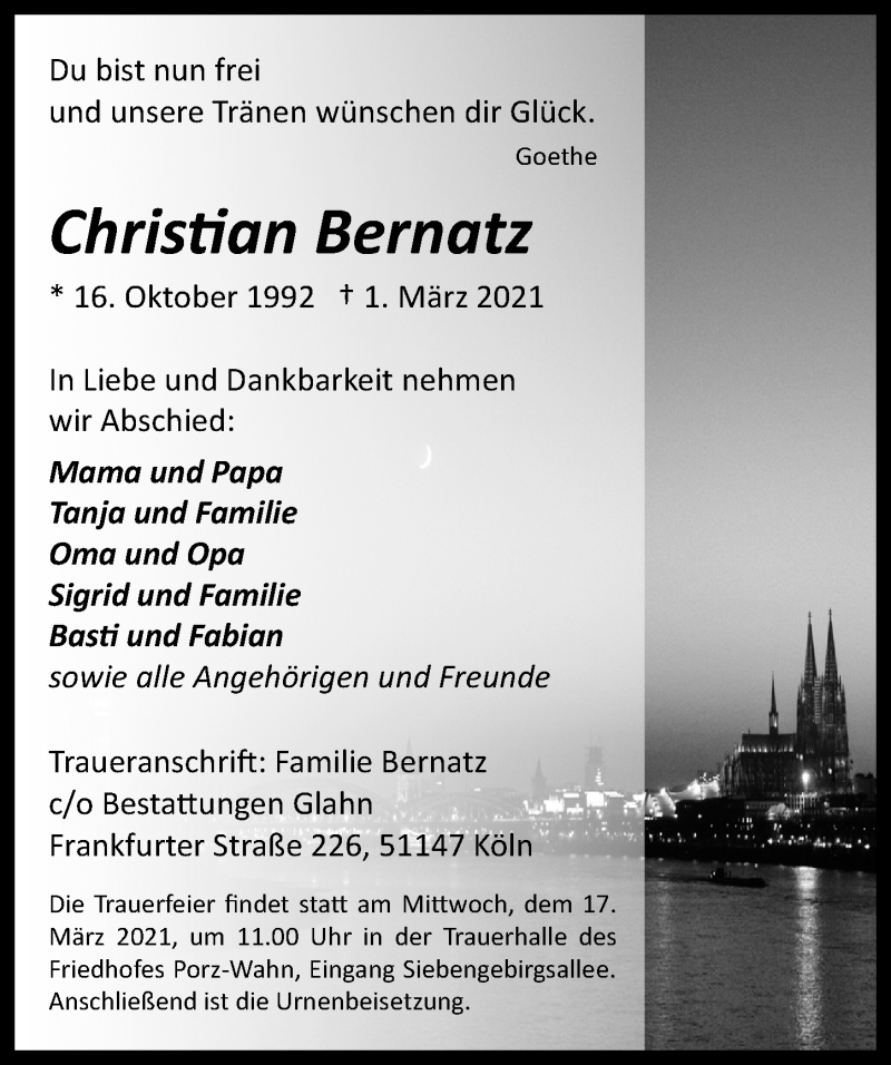 Traueranzeige für Christian Bernatz vom 05.03.2021 aus  Kölner Wochenspiegel 