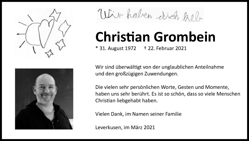  Traueranzeige für Christian Grombein vom 27.03.2021 aus Kölner Stadt-Anzeiger / Kölnische Rundschau / Express