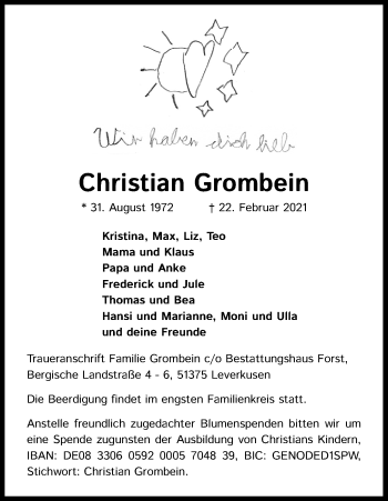 Anzeige von Christian Grombein von Kölner Stadt-Anzeiger / Kölnische Rundschau / Express
