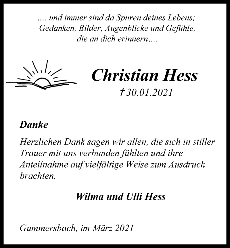  Traueranzeige für Christian Hess vom 20.03.2021 aus Kölner Stadt-Anzeiger / Kölnische Rundschau / Express