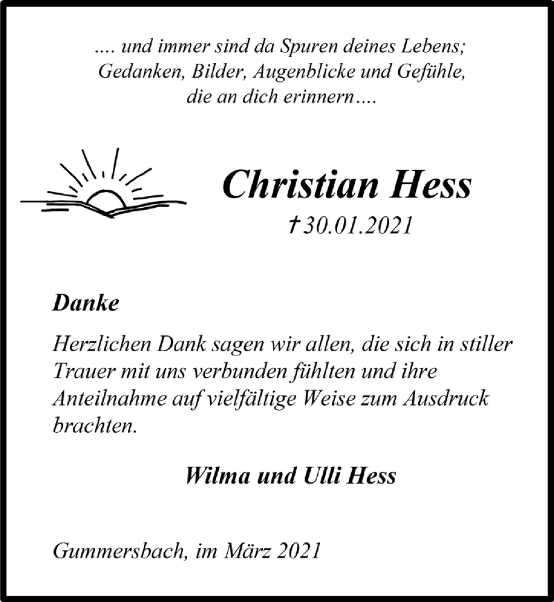 Traueranzeige für Christian Hess vom 19.03.2021 aus  Anzeigen Echo 