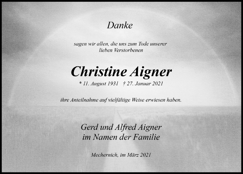  Traueranzeige für Christine Aigner vom 13.03.2021 aus  Blickpunkt Euskirchen 
