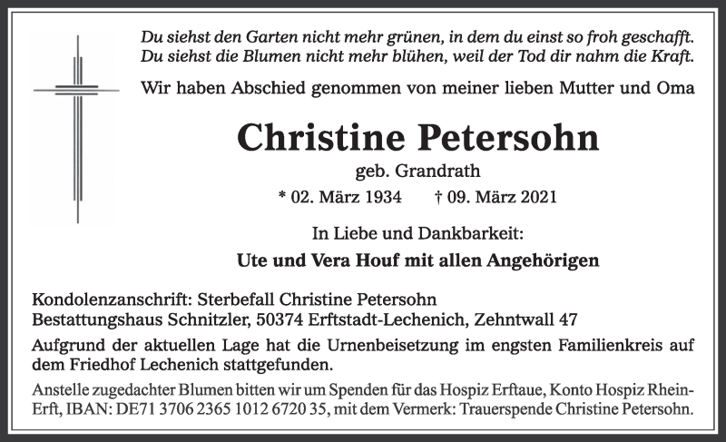  Traueranzeige für Christine Petersohn vom 19.03.2021 aus  Werbepost 