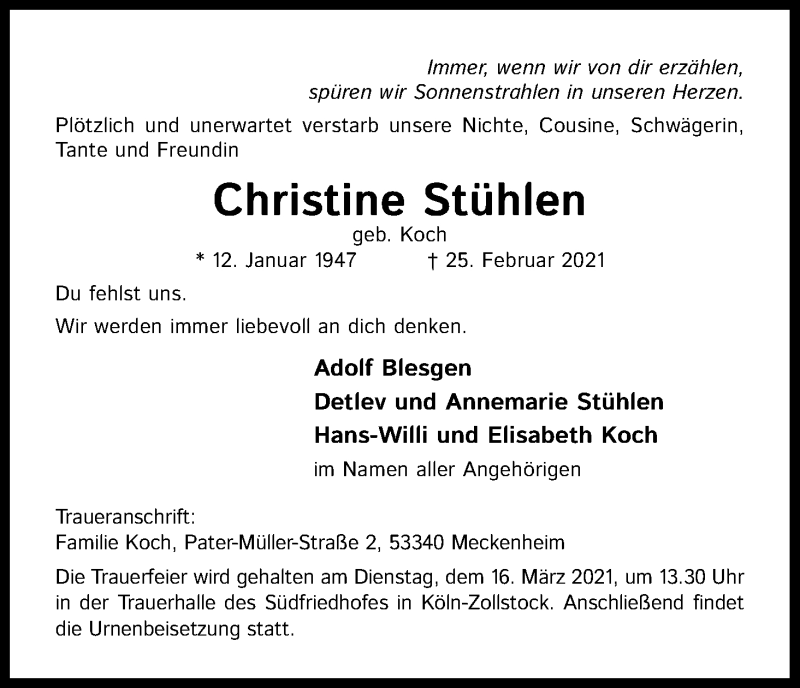  Traueranzeige für Christine Stühlen vom 10.03.2021 aus Kölner Stadt-Anzeiger / Kölnische Rundschau / Express
