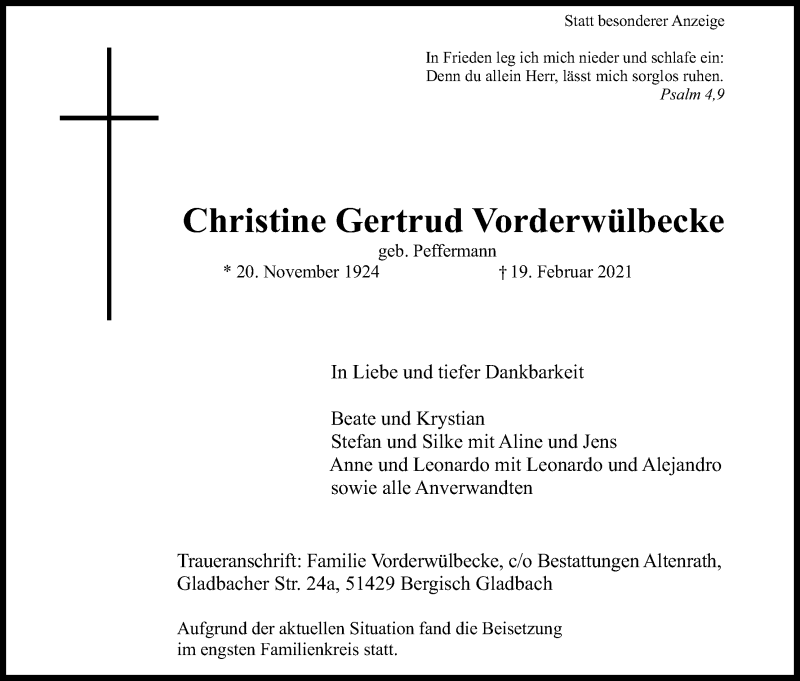  Traueranzeige für Christine Gertrud Vorderwülbecke vom 06.03.2021 aus Kölner Stadt-Anzeiger / Kölnische Rundschau / Express