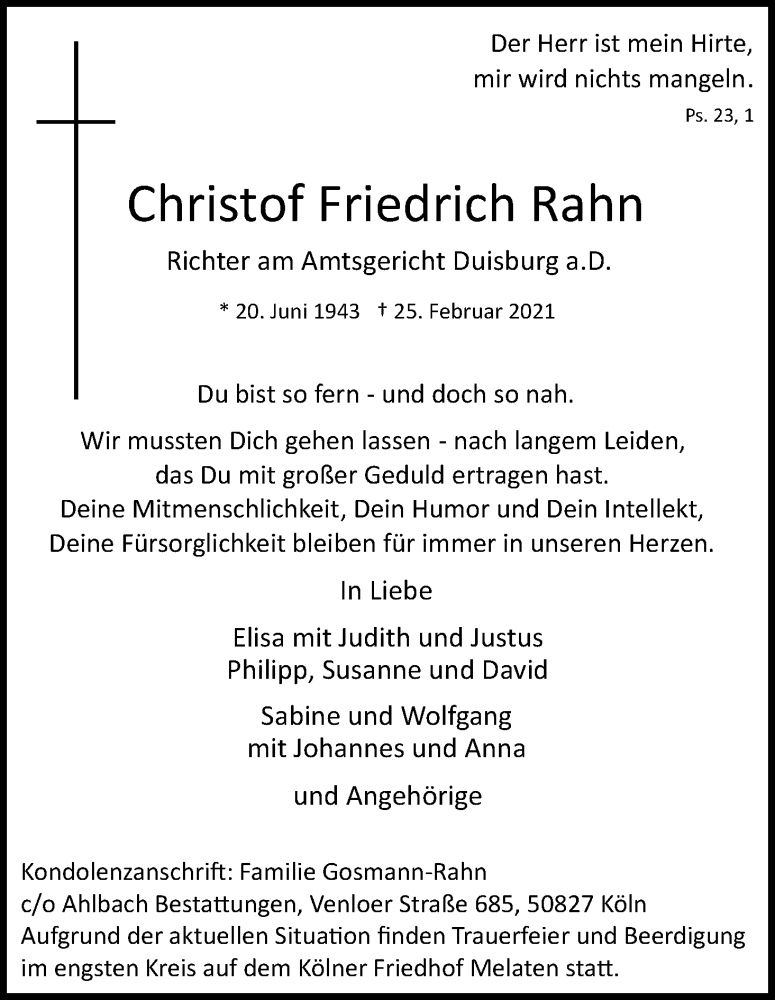  Traueranzeige für Christof Friedrich Rahn vom 06.03.2021 aus Kölner Stadt-Anzeiger / Kölnische Rundschau / Express