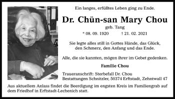 Anzeige von Chün-san Mary  Chou von Kölner Stadt-Anzeiger / Kölnische Rundschau / Express