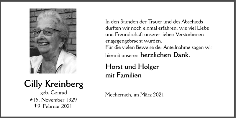  Traueranzeige für Cilly Kreinberg vom 06.03.2021 aus  Blickpunkt Euskirchen 
