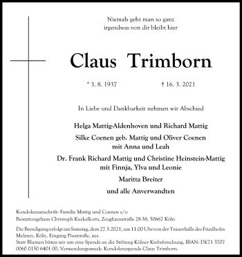 Anzeige von Claus Trimborn von Kölner Stadt-Anzeiger / Kölnische Rundschau / Express