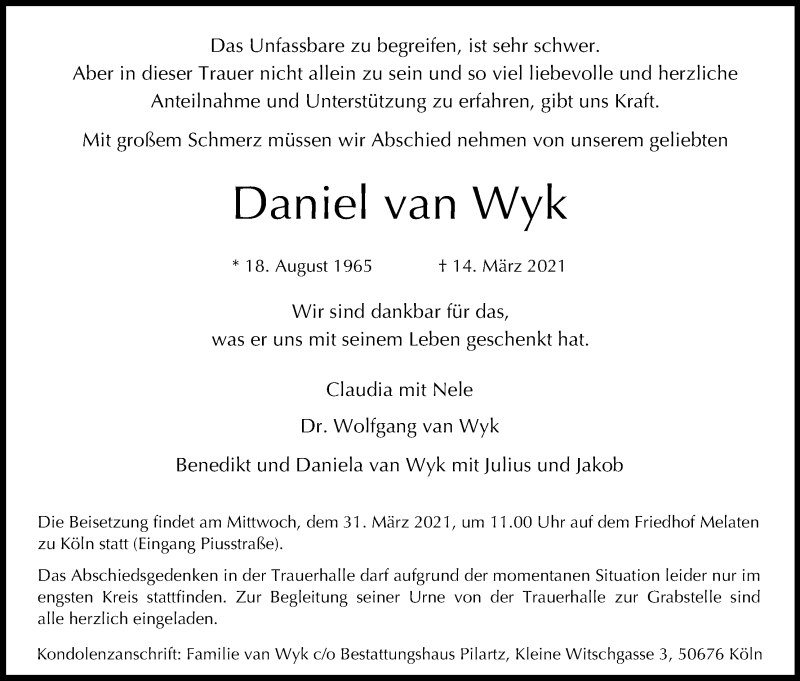  Traueranzeige für Daniel van Wyk vom 27.03.2021 aus Kölner Stadt-Anzeiger / Kölnische Rundschau / Express