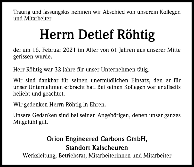  Traueranzeige für Detlef Röhtig vom 06.03.2021 aus Kölner Stadt-Anzeiger / Kölnische Rundschau / Express