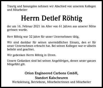 Anzeige von Detlef Röhtig von Kölner Stadt-Anzeiger / Kölnische Rundschau / Express