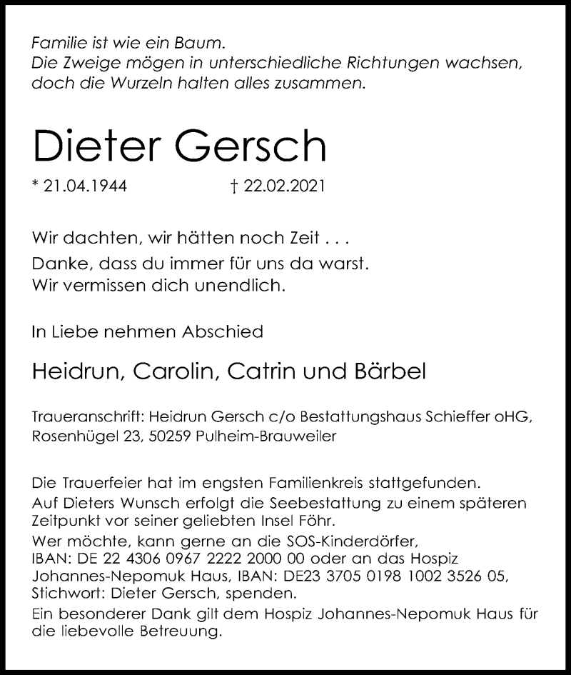  Traueranzeige für Dieter Gersch vom 06.03.2021 aus Kölner Stadt-Anzeiger / Kölnische Rundschau / Express