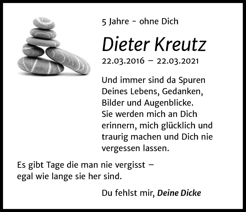  Traueranzeige für Dieter Kreutz vom 22.03.2021 aus Kölner Stadt-Anzeiger / Kölnische Rundschau / Express