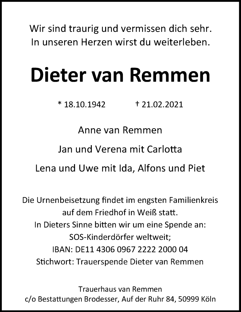  Traueranzeige für Dieter van Remmen vom 06.03.2021 aus Kölner Stadt-Anzeiger / Kölnische Rundschau / Express