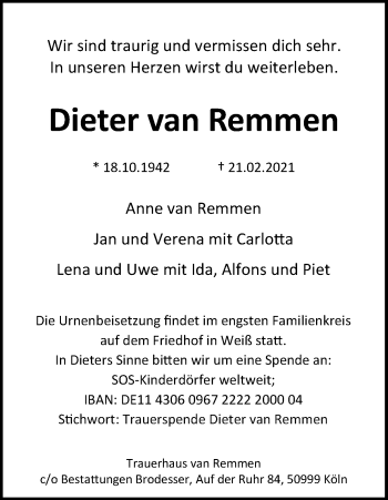 Anzeige von Dieter van Remmen von Kölner Stadt-Anzeiger / Kölnische Rundschau / Express