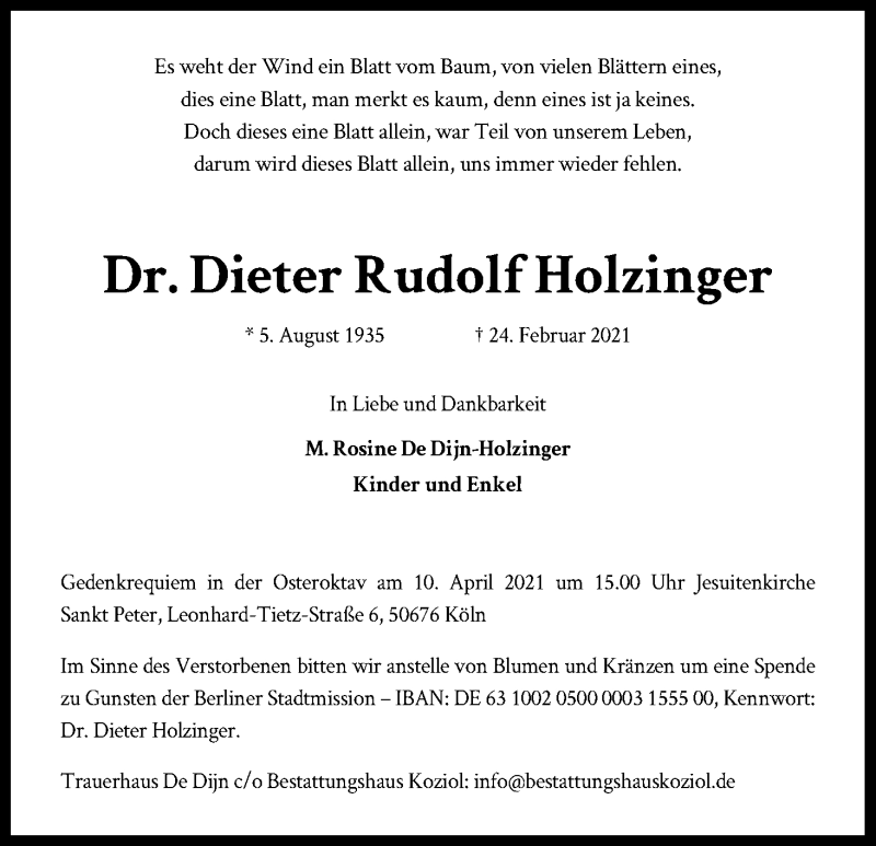  Traueranzeige für Dieter Rudolf Holzinger vom 06.03.2021 aus Kölner Stadt-Anzeiger / Kölnische Rundschau / Express