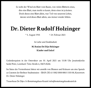 Anzeige von Dieter Rudolf Holzinger von Kölner Stadt-Anzeiger / Kölnische Rundschau / Express