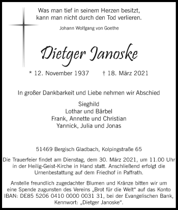 Anzeige von Dietger Janoske von Kölner Stadt-Anzeiger / Kölnische Rundschau / Express