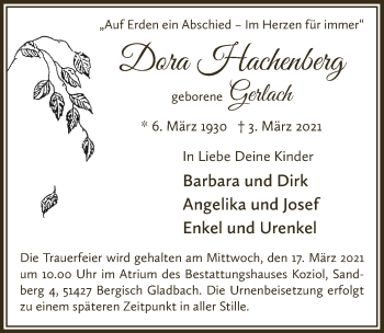 Anzeige von Dora Hachenberg von  Bergisches Handelsblatt 
