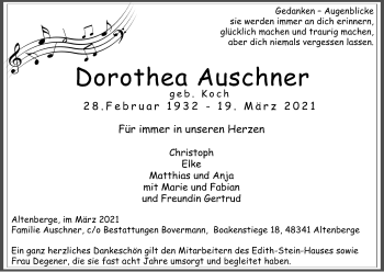 Anzeige von Dorothea Auschner von Kölner Stadt-Anzeiger / Kölnische Rundschau / Express