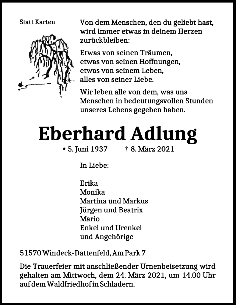  Traueranzeige für Eberhard Adlung vom 20.03.2021 aus Kölner Stadt-Anzeiger / Kölnische Rundschau / Express