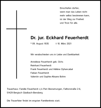 Anzeige von Eckhard Feuerherdt von Kölner Stadt-Anzeiger / Kölnische Rundschau / Express