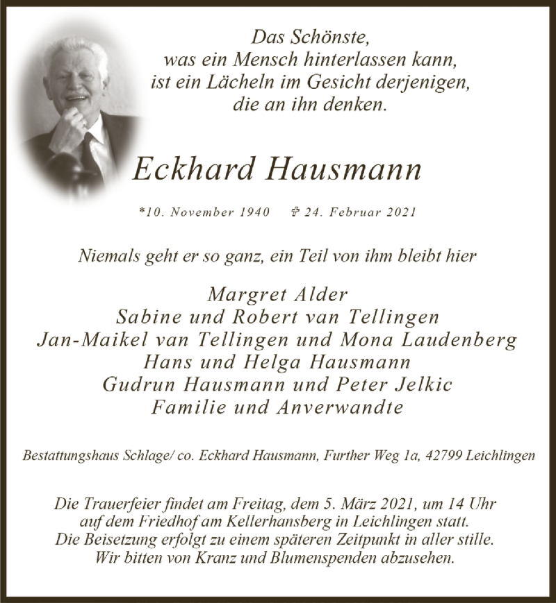  Traueranzeige für Eckhard Hausmann vom 05.03.2021 aus  Lokale Informationen 