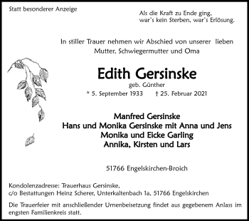 Anzeige von Edith Gersinske von Kölner Stadt-Anzeiger / Kölnische Rundschau / Express