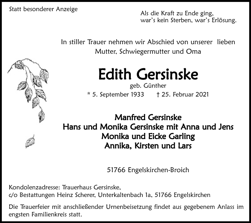  Traueranzeige für Edith Gersinske vom 02.03.2021 aus Kölner Stadt-Anzeiger / Kölnische Rundschau / Express