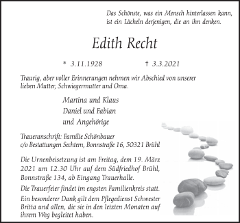 Anzeige von Edith Recht von  Schlossbote/Werbekurier 
