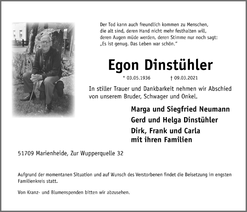  Traueranzeige für Egon Dinstühler vom 19.03.2021 aus  Anzeigen Echo 