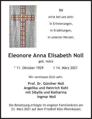 Anzeige von Eleonore Anna Elisabeth Noll von Kölner Stadt-Anzeiger / Kölnische Rundschau / Express