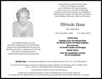 Anzeige von Elfriede Haas von Kölner Stadt-Anzeiger / Kölnische Rundschau / Express